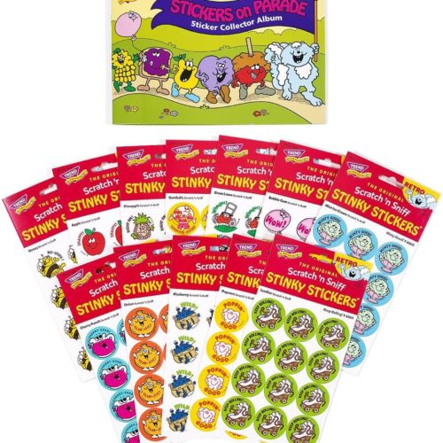 Stickers on Parade Retro Scratch ‘n Sniff Stinky Sticker and Album Combo Pack by TREND – 12 Sticker Packs, 1980s Authentic Designs!