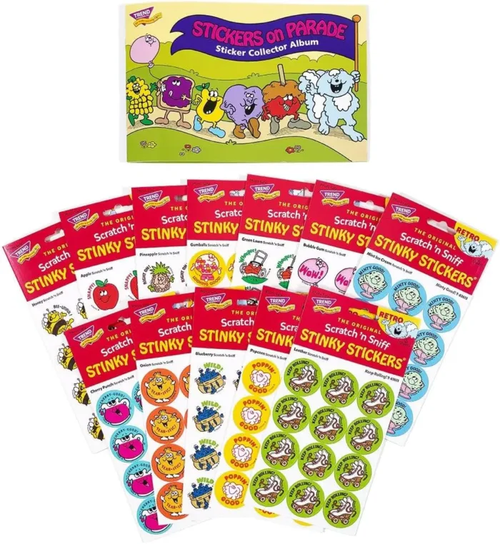 Stickers on Parade Retro Scratch 'n Sniff Stinky Sticker and Album Combo Pack by TREND - 12 Sticker Packs, 1980s Authentic Designs!