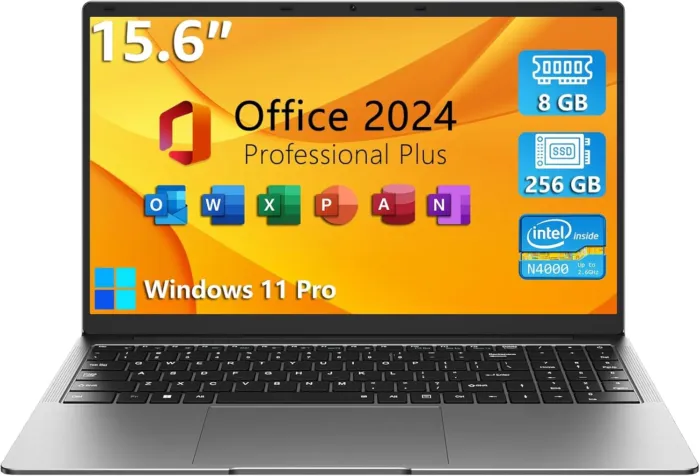 TPV 15.6" Windows 11 Pro Laptop, MS Office 2024, 8GB RAM 256GB Storage, Intel Celeron N4000(up to 2.6GHz) 100% sRGB Screen, 2.4G/5G Dual Band WiFi, BT4.2, USB-A, Long Battery Life, Silver - Image 2