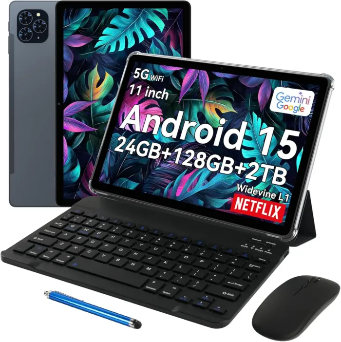Tablet 11 Inch Android 15 Tablets T90, 1920 * 1200 FHD Display, 24GB RAM 128GB ROM /2TB TF, T615 Octa-Core+13MP Camera, 8000mAh, Widevine L1, 2 in 1 Tablet with Keyboard Mouse Stylus, Gray - Image 2
