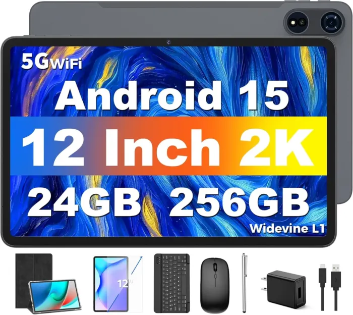 Tablet 12 inch Android 15 Tablets, 24GB（8+16）RAM+256 Storage(Expand to 1TB), Android Tablet with Keyboard, Octa-Core, 2K 2000x1200 Display, 16MP Dual Camera, 8000mAh, 5G WiFi,GPS,Bluetooth 5.0（Black） - Image 2