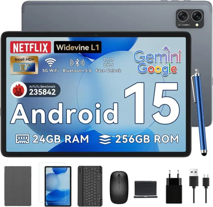 Tablet 2025 Latest Android 15 Tablets with 10.1 Inch Incell Display, 24GB RAM 256GB ROM /2TB TF, Gemini AI, T606 Octa-Core+8MP Camera, 5000mAh, Widevine L1, 2 in 1 Tablets with Keyboard Mouse Stylus - Image 2