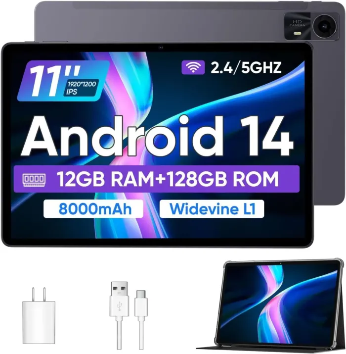 Tablets 11 inch Android 14 Tablet with Case, Octa-core 12GB RAM+128GB ROM,8000mAh Tablet with Dual Band WiFi/BT 5.0/GPS/PD Fast Charge/FM Radio - Black - Image 2
