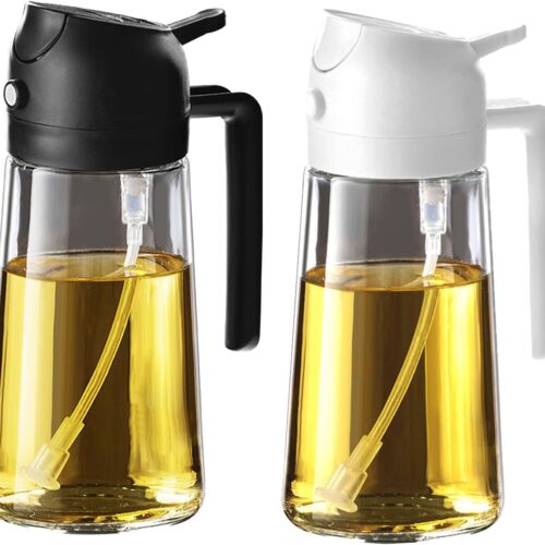 TrendPlain 16oz/470ml Glass Olive Oil Sprayer for Cooking – 2 in 1 Olive Oil Dispenser for Kitchen Gadgets, Air Fryer, Salad, and BBQ – Black & White
