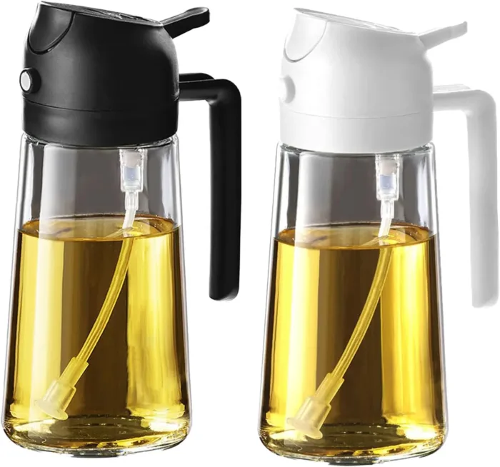 TrendPlain 16oz/470ml Glass Olive Oil Sprayer for Cooking - 2 in 1 Olive Oil Dispenser for Kitchen Gadgets, Air Fryer, Salad, and BBQ - Black & White